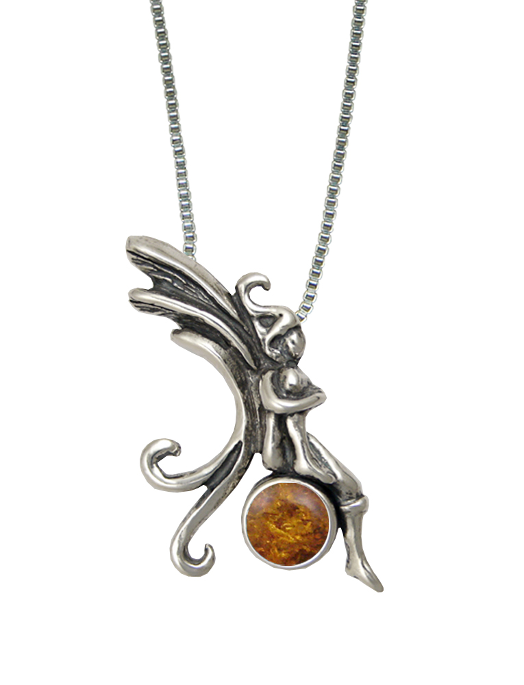 Sterling Silver Fairy Pendant With Amber